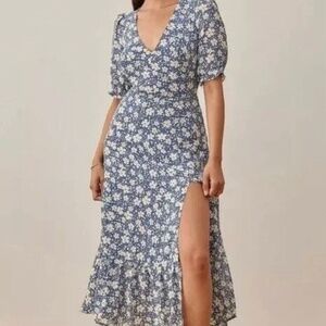 Reformation Blue Nantes V-neck Floral Print Prairie Side Slit Midi